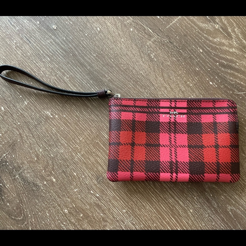 Red and black plaid Coach wristlet in great condition